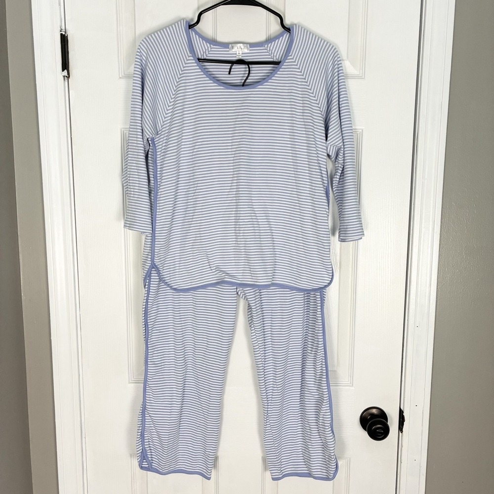 LAKE Pajamas 100% Pima Cotton Long Sleeve Pants Set Hydrangea Striped Medium - Picture 2 of 8